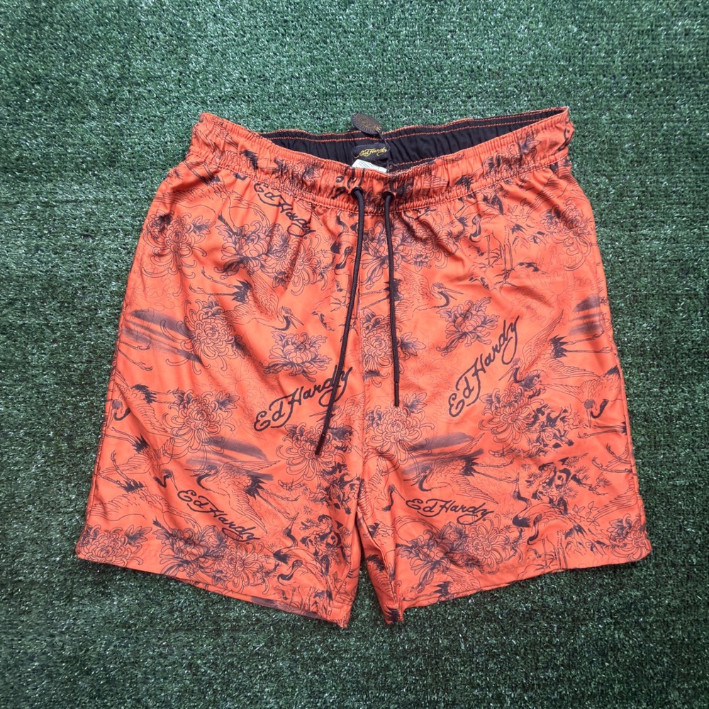 NWT VTG Ed Hardy Mens Beach Shorts Spice Route Orange Crane Floral Swim Trunks L
